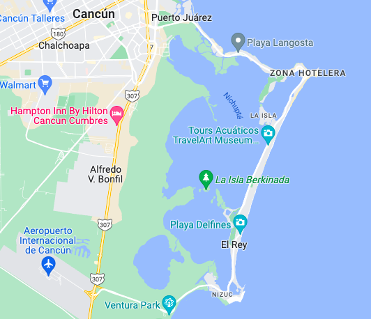 a map of the Cancun hotel zone, including parts of downtown Cancun and the airport.