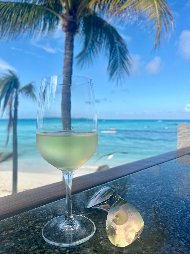 A glass of white wine and a pair of gold ray-ban sunglasses with a palm tree and beach in the background.