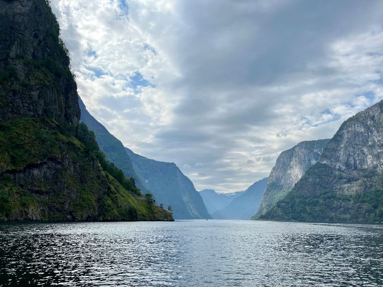 A body of water with vertical mountains on either side and in the back. This is a fjord in Norway.