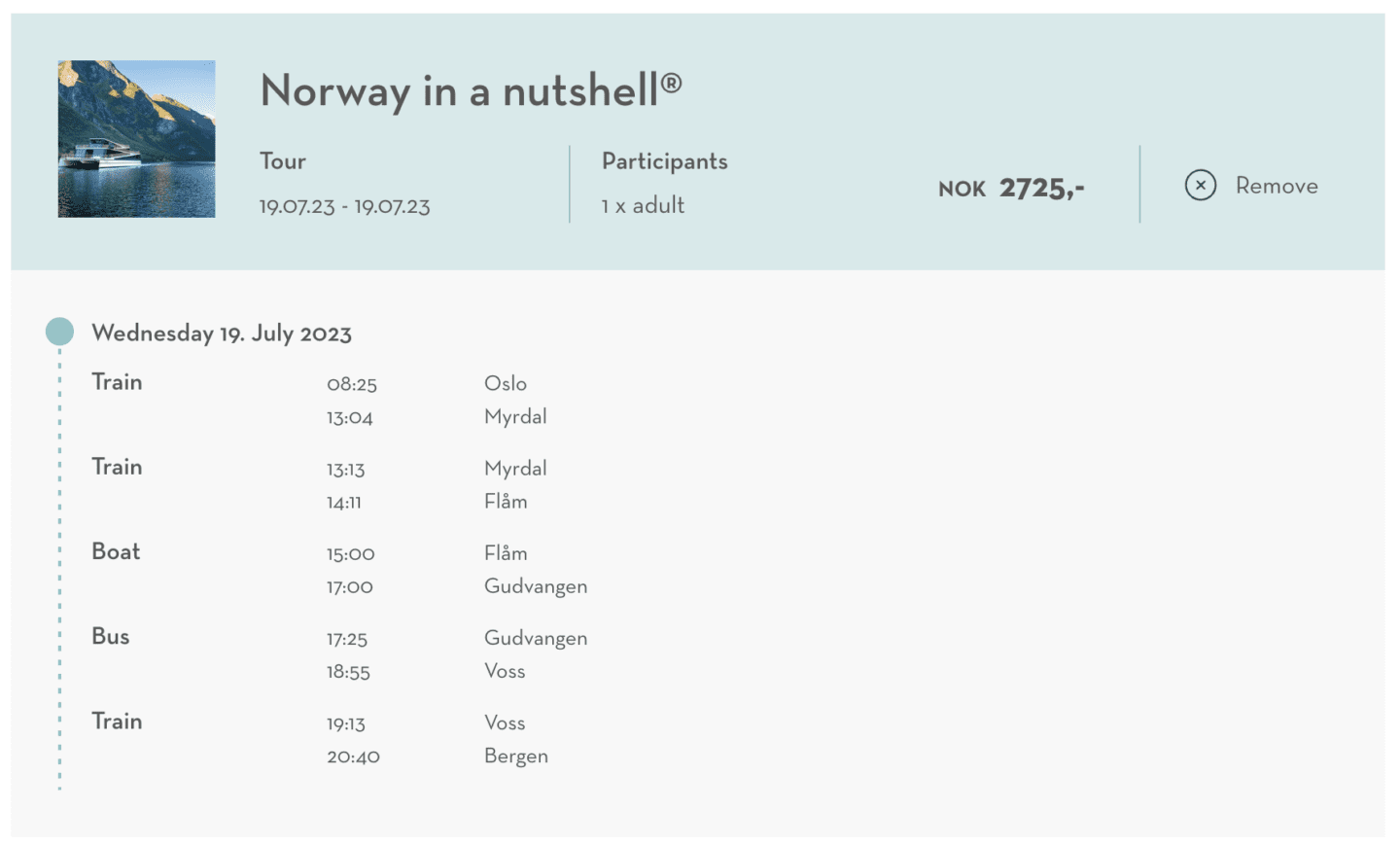 A screenshot of the Norway in a Nutshell booking site on fjordtours, indicating the price of the tour.