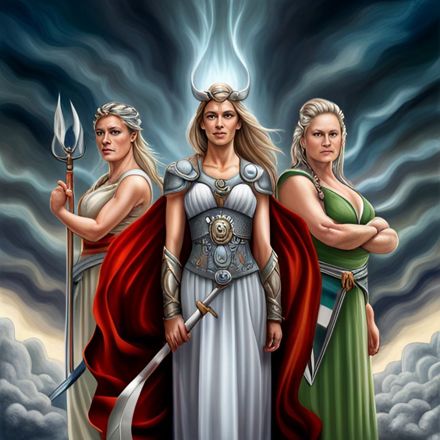 A realistic drawing of three Norse goddesses from Norse mythology, standing tall and proud in traditional viking dresses, with a dramatic sky behind them.