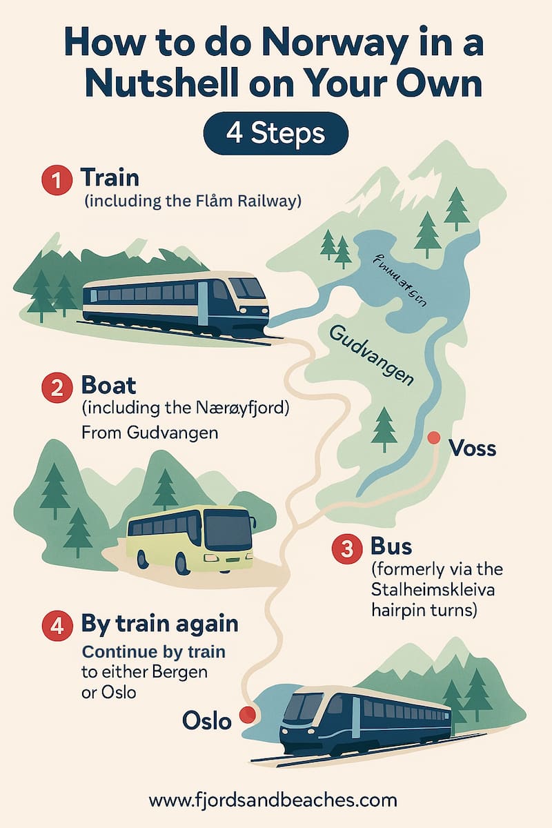 An infographic showing the steps for booking the Norway in a Nutshell tour on your own, outlining the four steps: Train, boat, bus, train again.